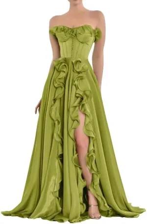 Corset A Line Chiffon Prom Dress for Women Strapless Tiered Ruffle Formal Evening Gowns with Slit HK02