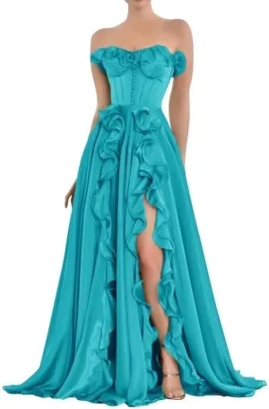 Corset A Line Chiffon Prom Dress for Women Strapless Tiered Ruffle Formal Evening Gowns with Slit HK02