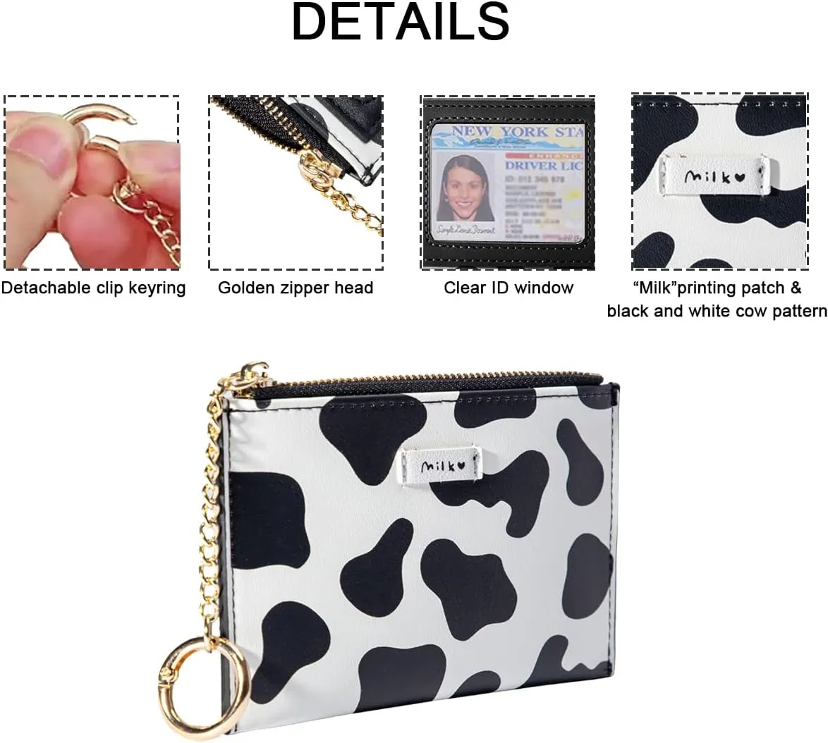 Cow Print Minimalist ID Card Case with Zipper Coin Pocket Keychain for Women Girls