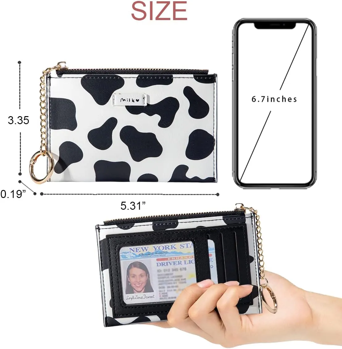 Cow Print Minimalist ID Card Case with Zipper Coin Pocket Keychain for Women Girls
