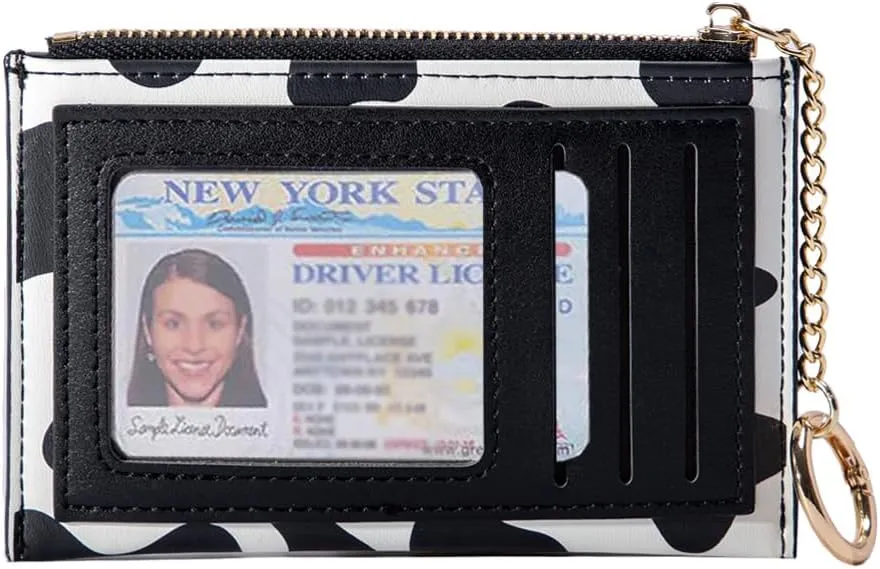Cow Print Minimalist ID Card Case with Zipper Coin Pocket Keychain for Women Girls