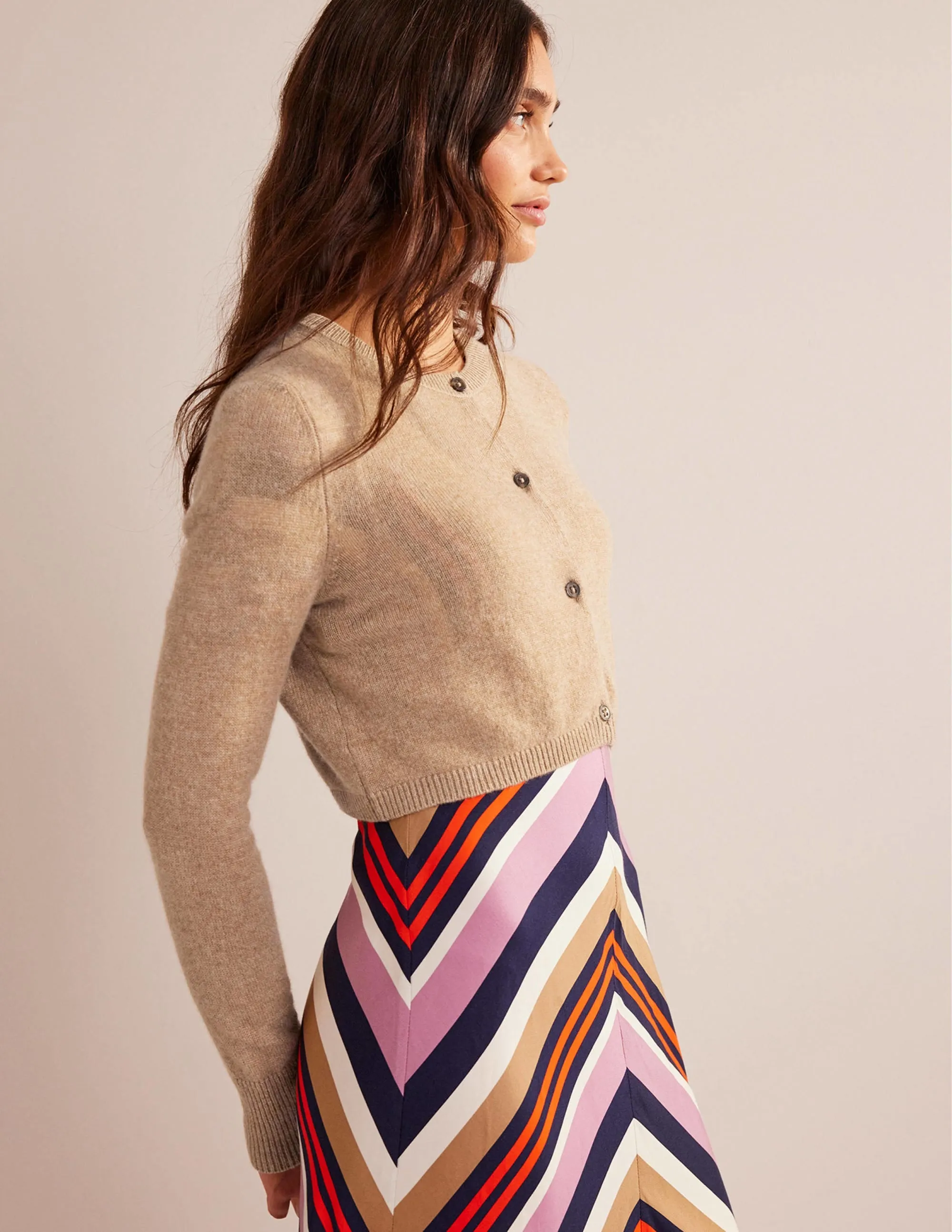 Cropped Cashmere Cardigan-Camel Melange