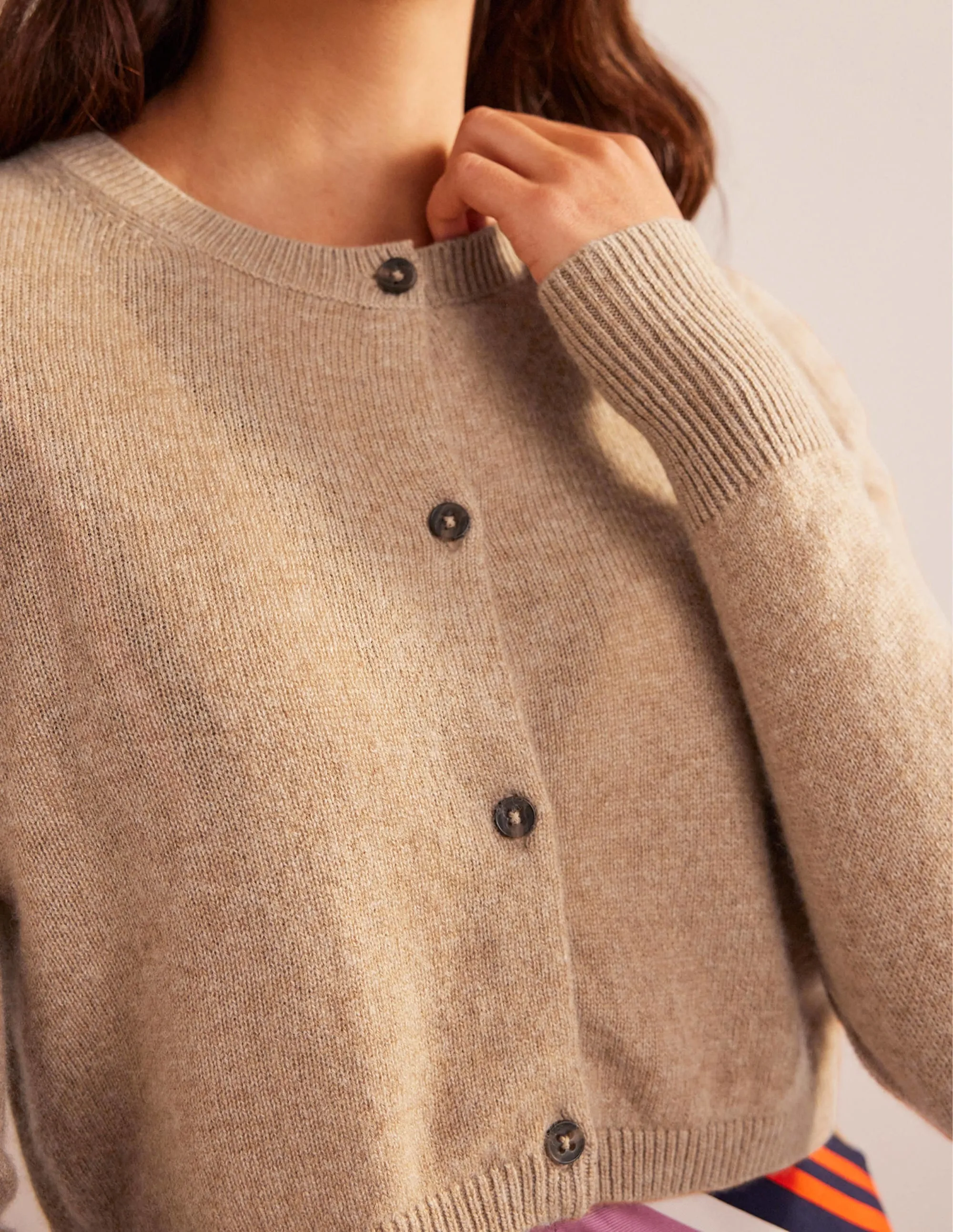 Cropped Cashmere Cardigan-Camel Melange