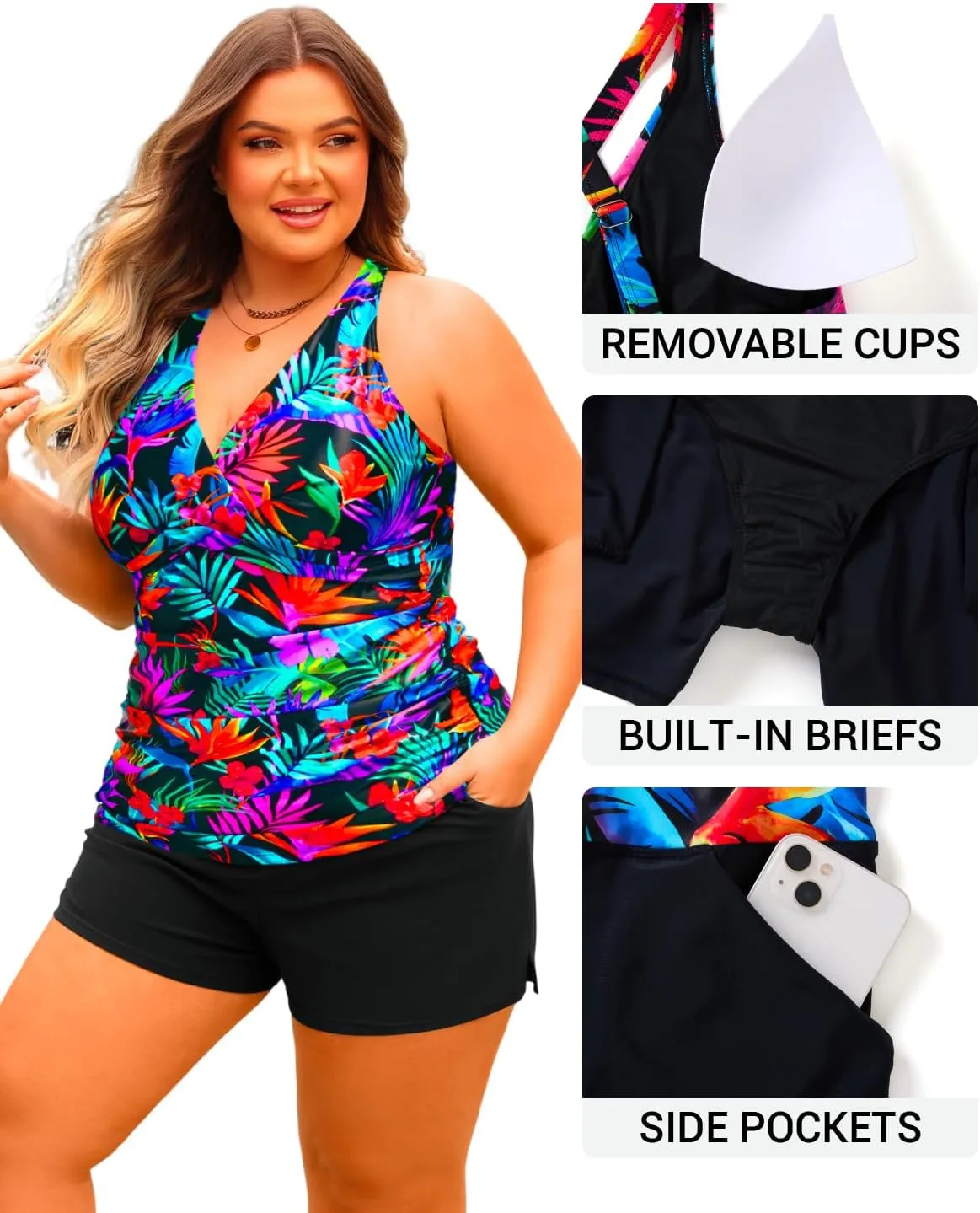 Daci Plus Size Tankini Swimsuit for Women - Two Piece Tummy Control Bathing Suit Tankini Top with Two Pockets Shorts