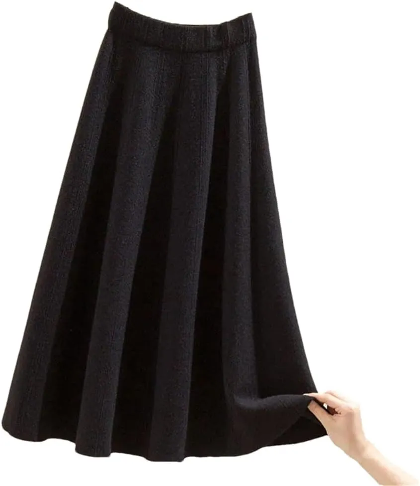 DBFBDTU Women's Autumn Thick Large Swing Knitted Long Skirt Pleated Skirt High Waist A-Line Midi Skirt