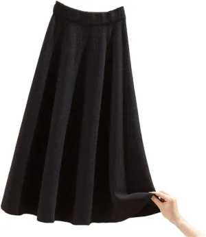 DBFBDTU Women's Autumn Thick Large Swing Knitted Long Skirt Pleated Skirt High Waist A-Line Midi Skirt
