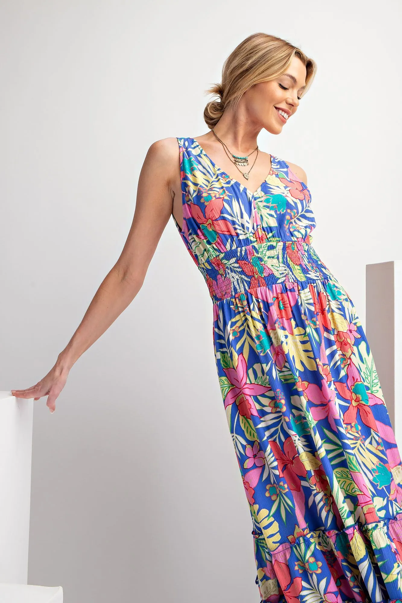 Easel Tropical Print Peach Blossom Maxi Dress In Peri Blue