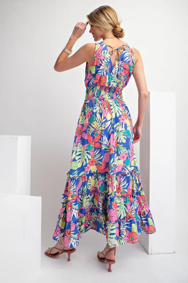 Easel Tropical Print Peach Blossom Maxi Dress In Peri Blue