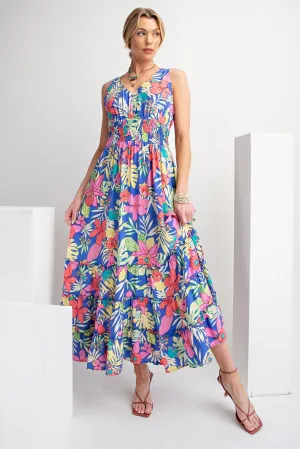 Easel Tropical Print Peach Blossom Maxi Dress In Peri Blue