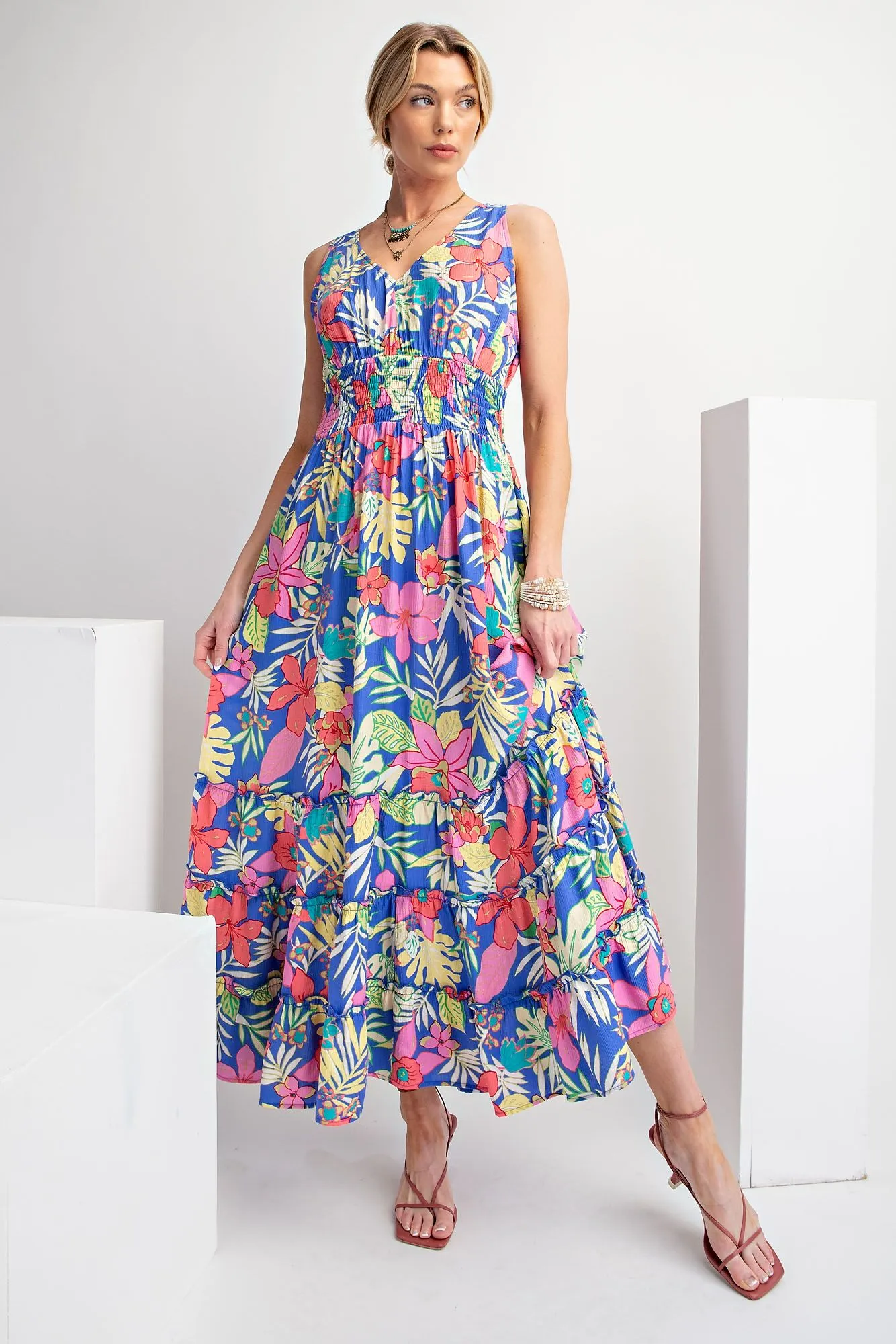 Easel Tropical Print Peach Blossom Maxi Dress In Peri Blue