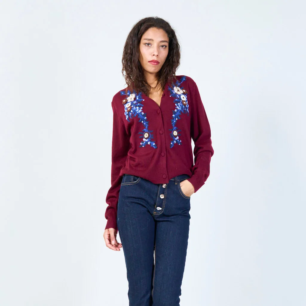 Embroidered button-up cardigan wholesale