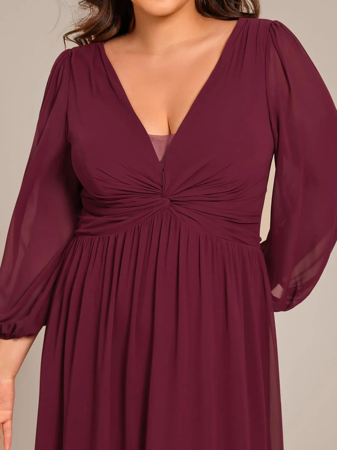 Ever-Pretty Plus Women's V Neck Long Sleeves A Line Pleated Chiffon Plus Size Maxi Formal Evening Dresses 02235-DA