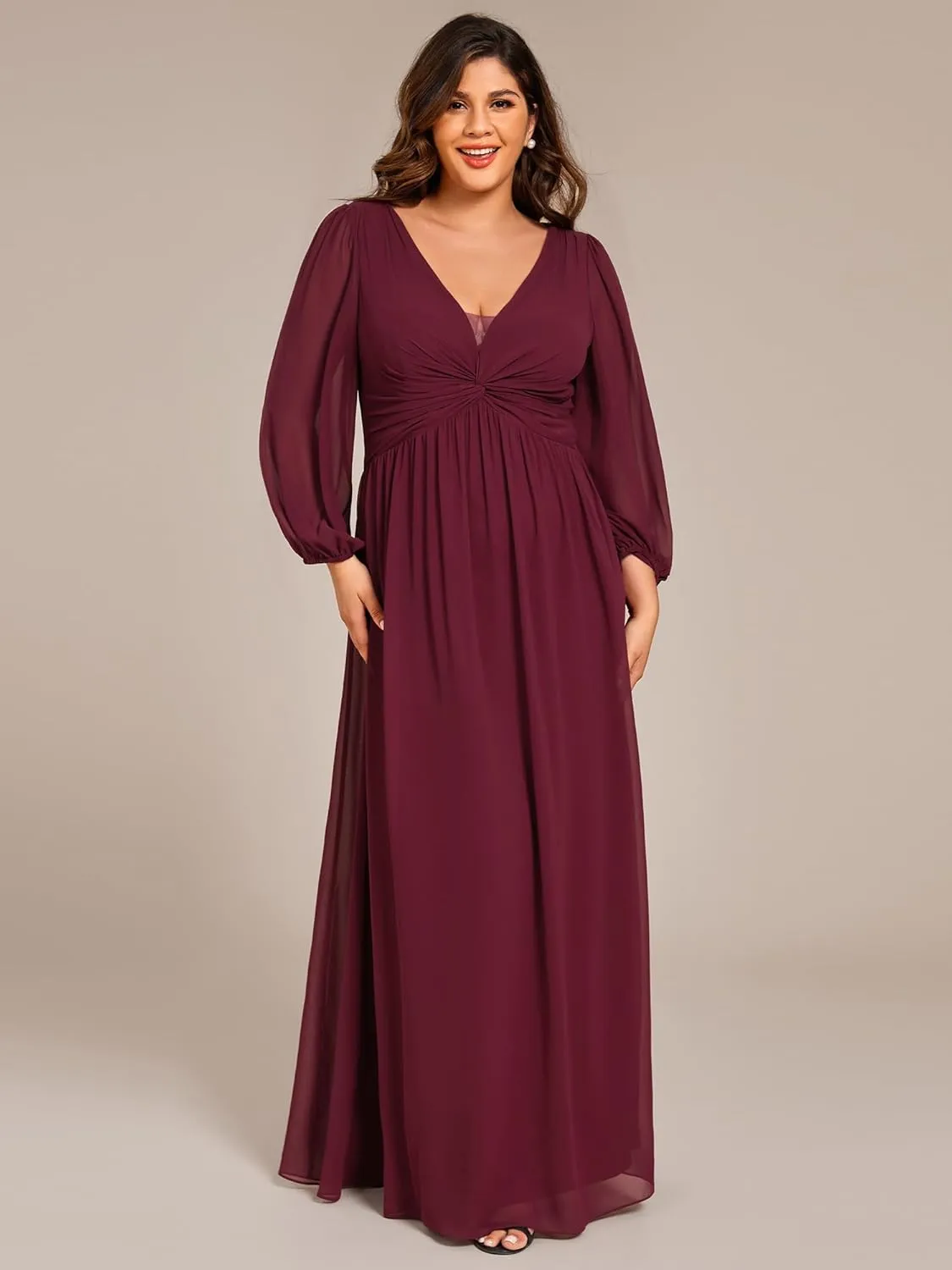 Ever-Pretty Plus Women's V Neck Long Sleeves A Line Pleated Chiffon Plus Size Maxi Formal Evening Dresses 02235-DA