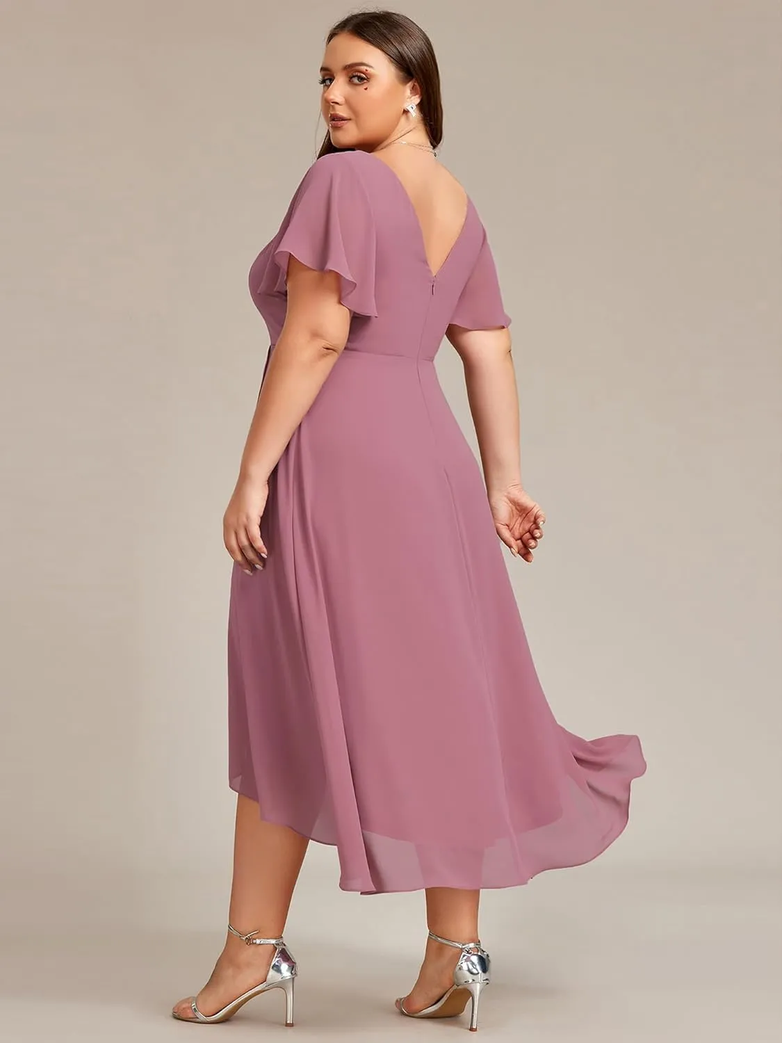 Ever-Pretty Women's Plus Size V Neck Asymmetric Hem Chiffon Wedding Guest Dress 01756-DA