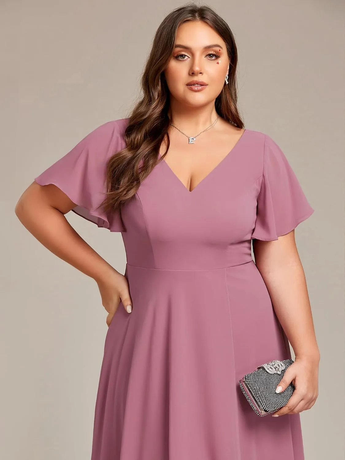 Ever-Pretty Women's Plus Size V Neck Asymmetric Hem Chiffon Wedding Guest Dress 01756-DA