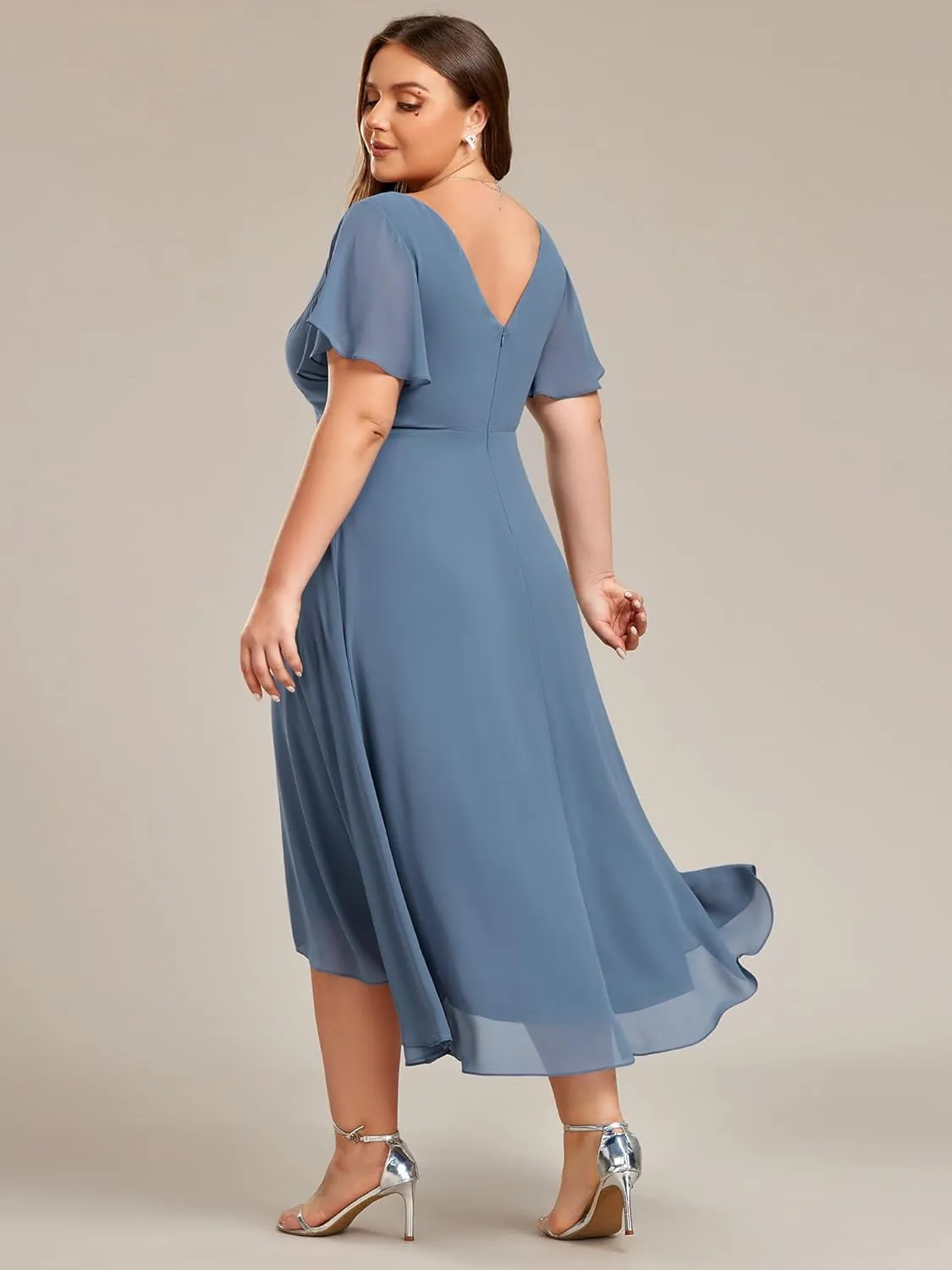 Ever-Pretty Women's Plus Size V Neck Asymmetric Hem Chiffon Wedding Guest Dress 01756-DA