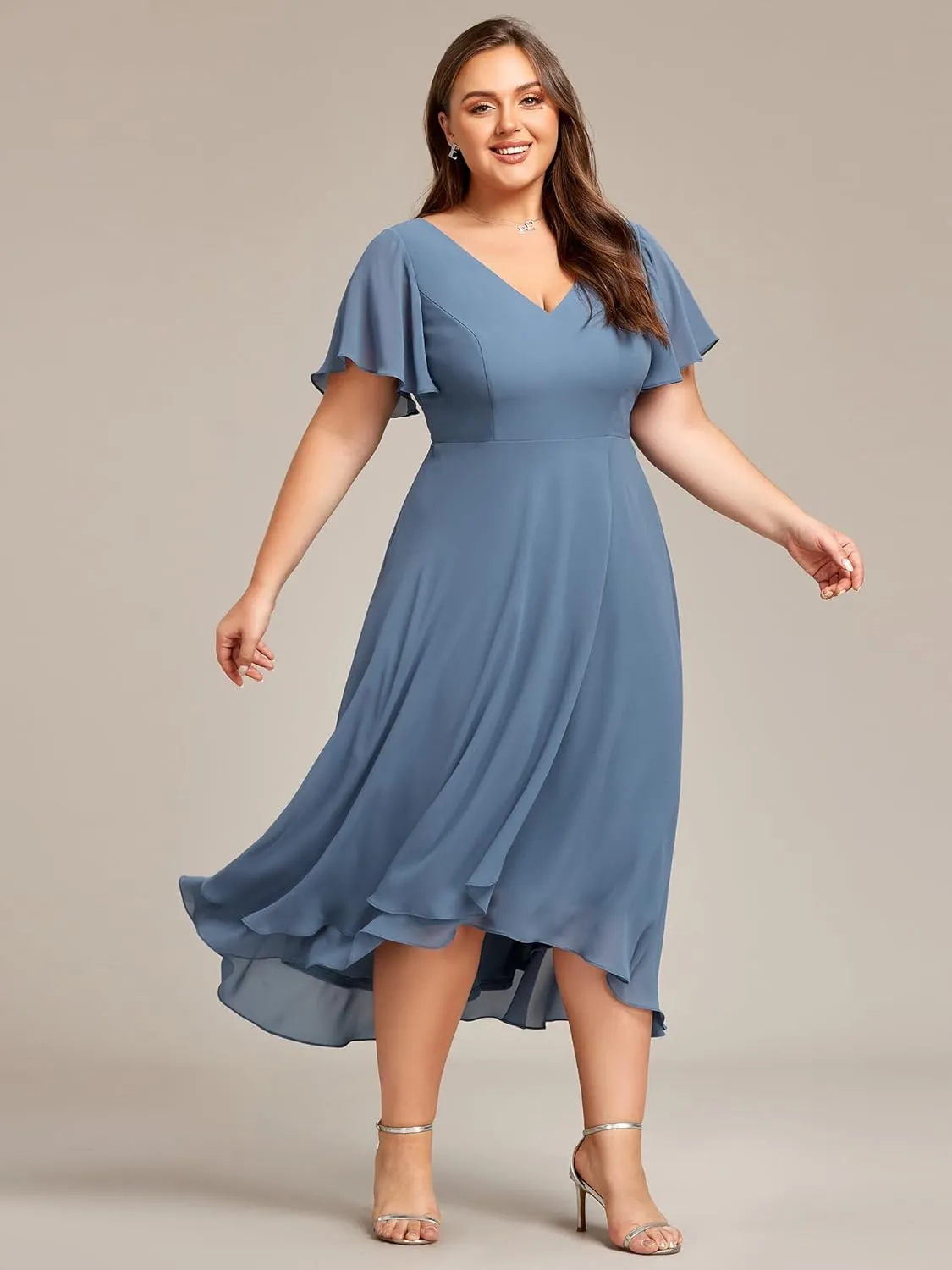 Ever-Pretty Women's Plus Size V Neck Asymmetric Hem Chiffon Wedding Guest Dress 01756-DA