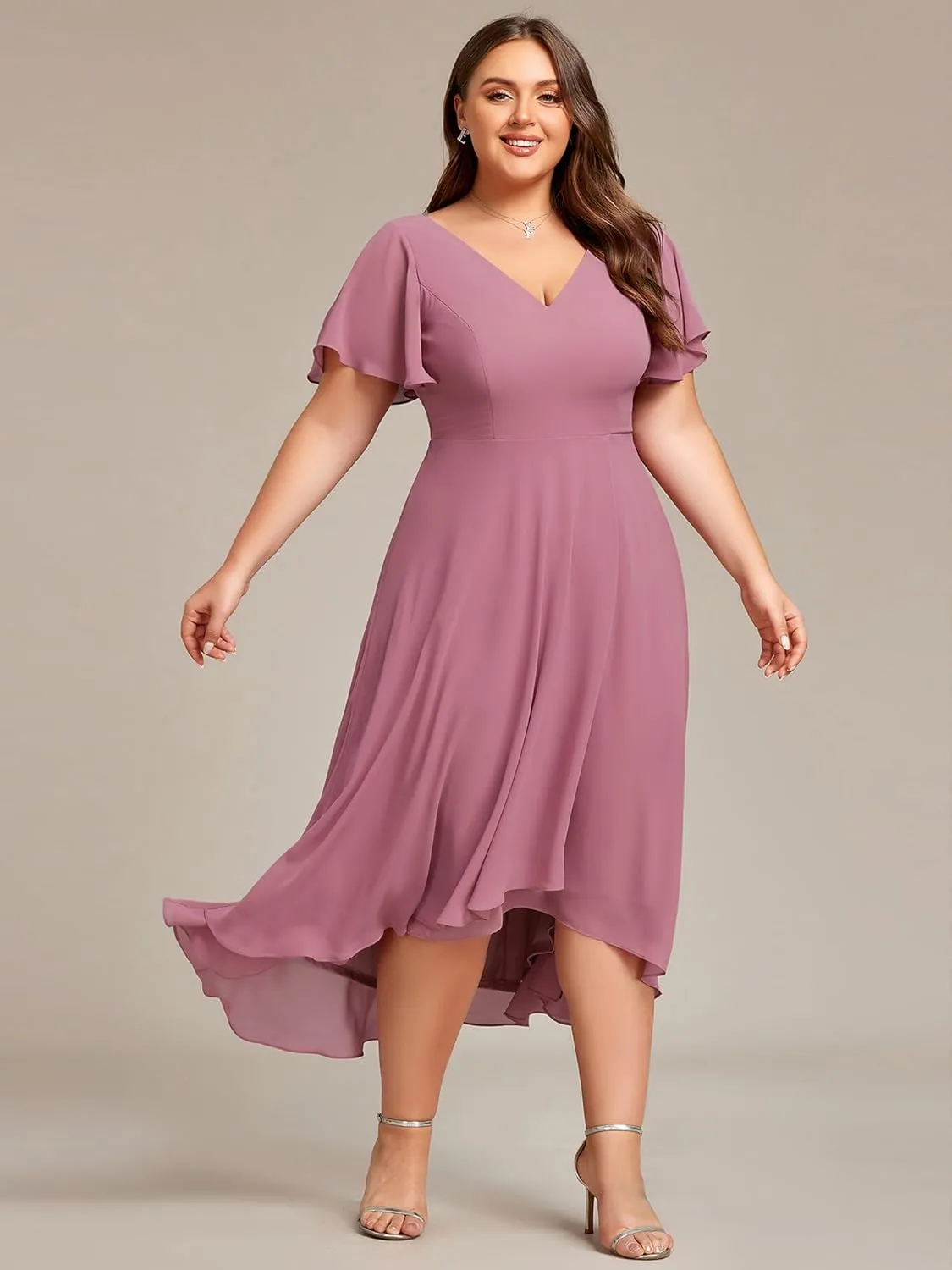 Ever-Pretty Women's Plus Size V Neck Asymmetric Hem Chiffon Wedding Guest Dress 01756-DA