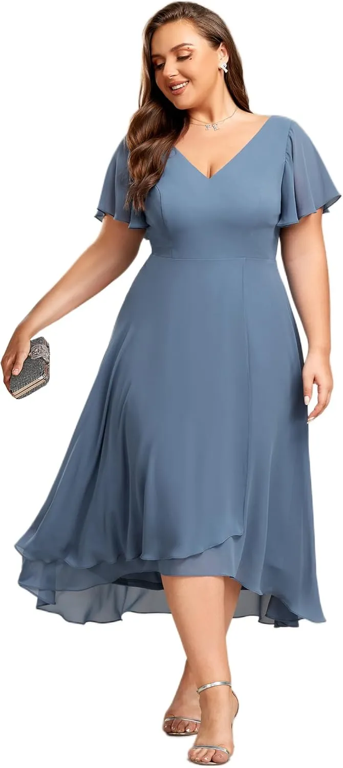 Ever-Pretty Women's Plus Size V Neck Asymmetric Hem Chiffon Wedding Guest Dress 01756-DA