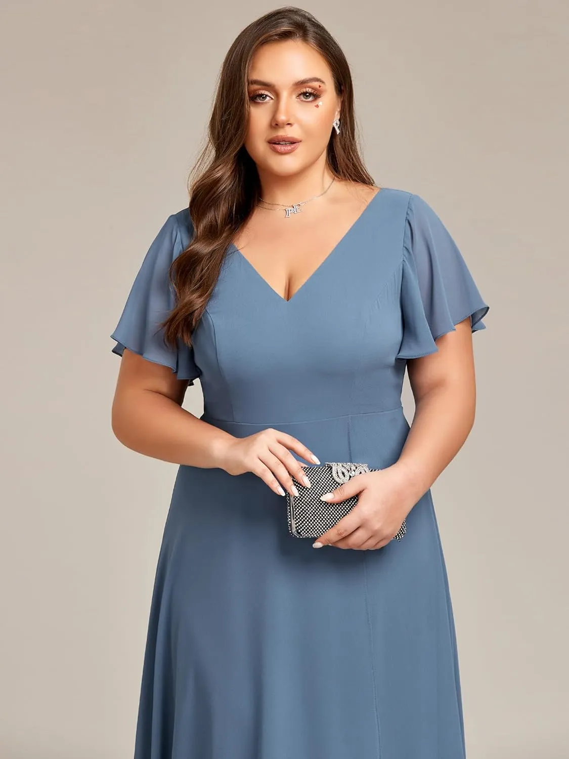 Ever-Pretty Women's Plus Size V Neck Asymmetric Hem Chiffon Wedding Guest Dress 01756-DA