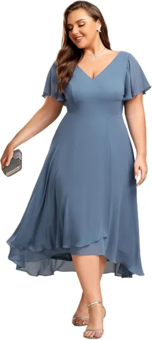 Ever-Pretty Women's Plus Size V Neck Asymmetric Hem Chiffon Wedding Guest Dress 01756-DA