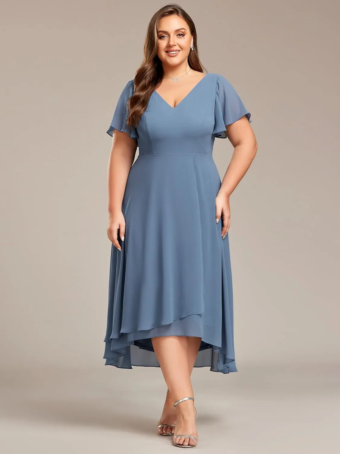 Ever-Pretty Women's Plus Size V Neck Asymmetric Hem Chiffon Wedding Guest Dress 01756-DA