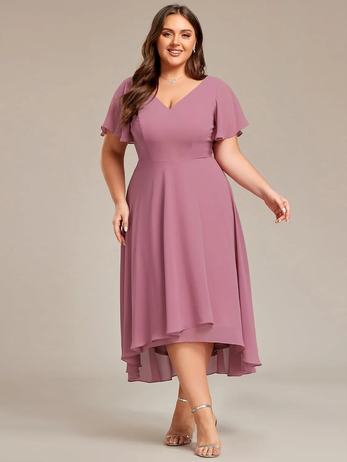Ever-Pretty Women's Plus Size V Neck Asymmetric Hem Chiffon Wedding Guest Dress 01756-DA