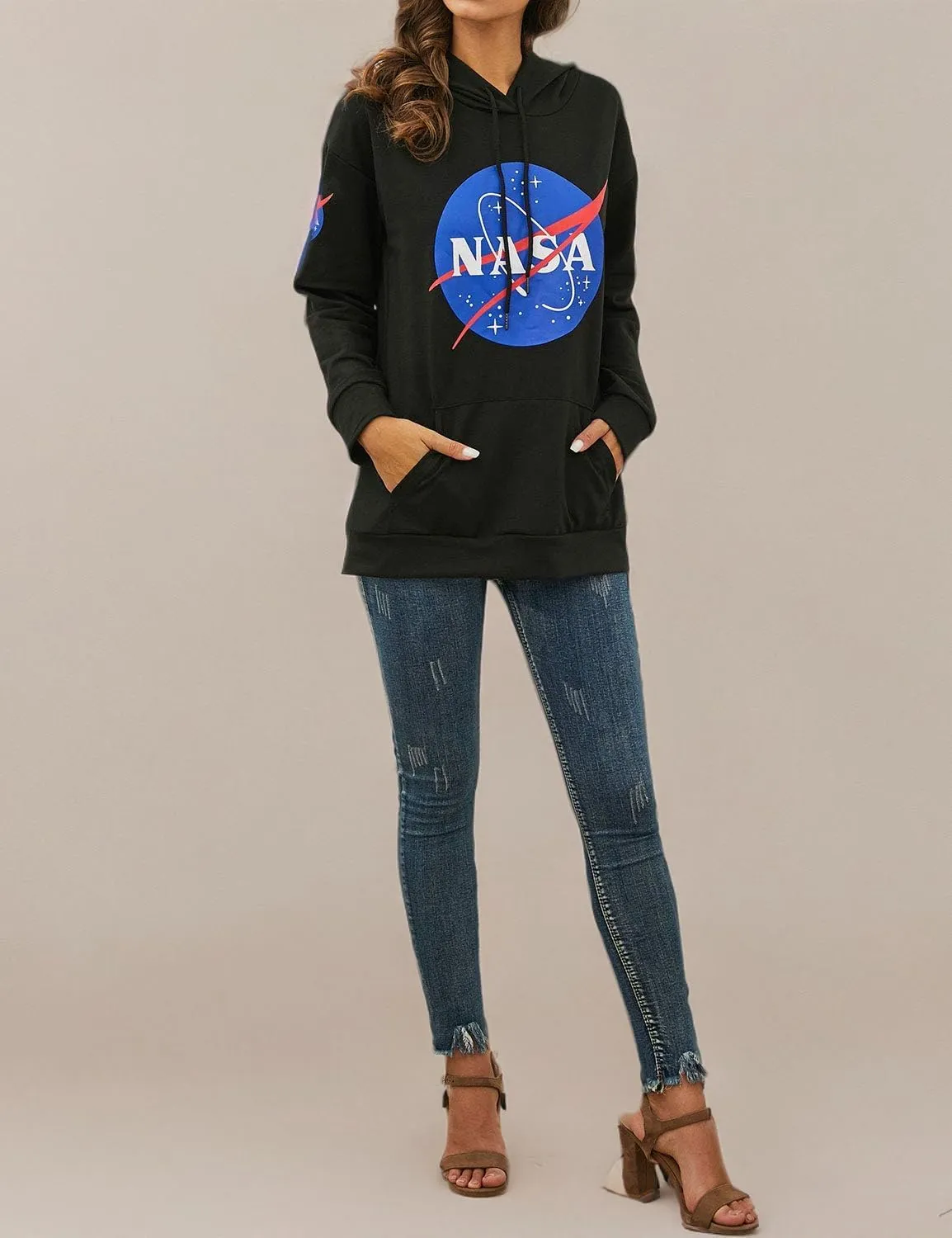 Ezcosplay Women Long Sleeve NASA Pullover Hoodie Space Graphic Sweatshirt with Pocket