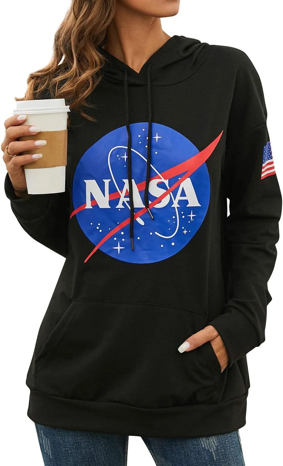 Ezcosplay Women Long Sleeve NASA Pullover Hoodie Space Graphic Sweatshirt with Pocket