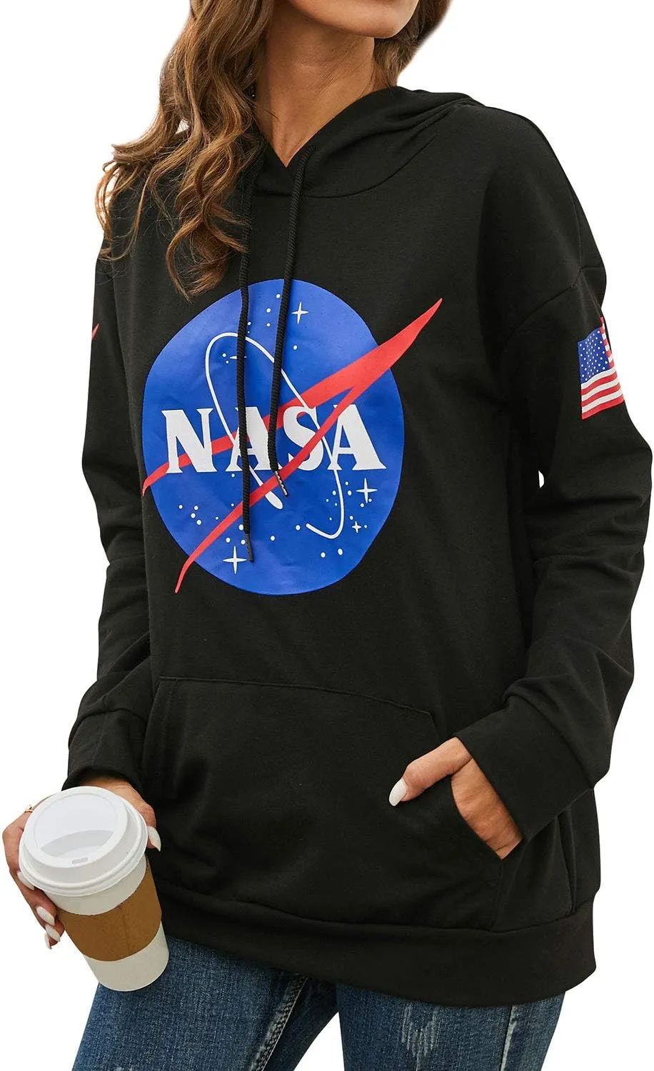 Ezcosplay Women Long Sleeve NASA Pullover Hoodie Space Graphic Sweatshirt with Pocket