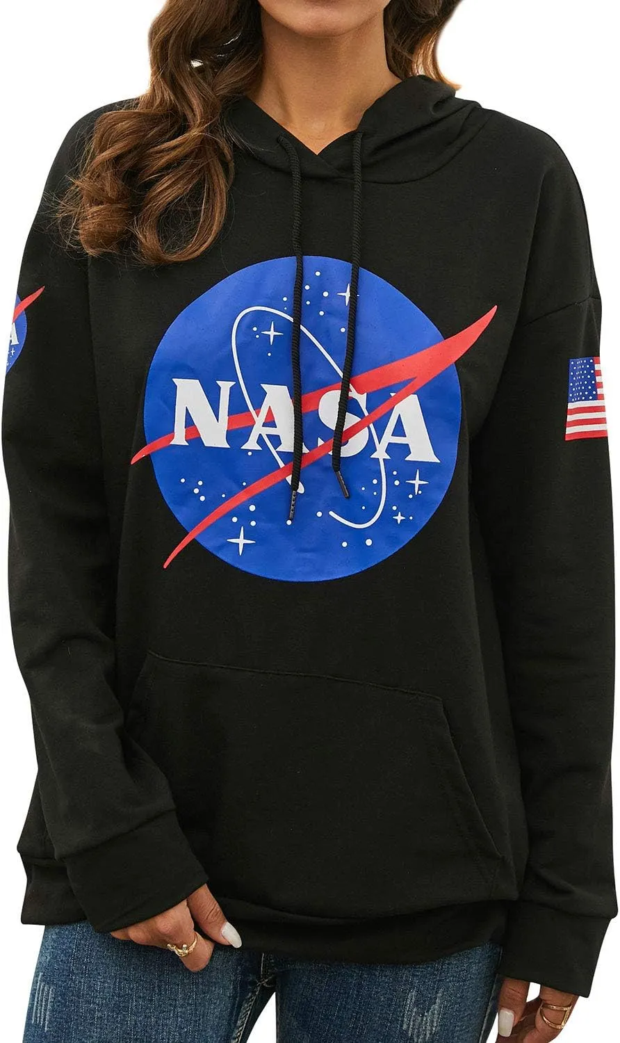 Ezcosplay Women Long Sleeve NASA Pullover Hoodie Space Graphic Sweatshirt with Pocket