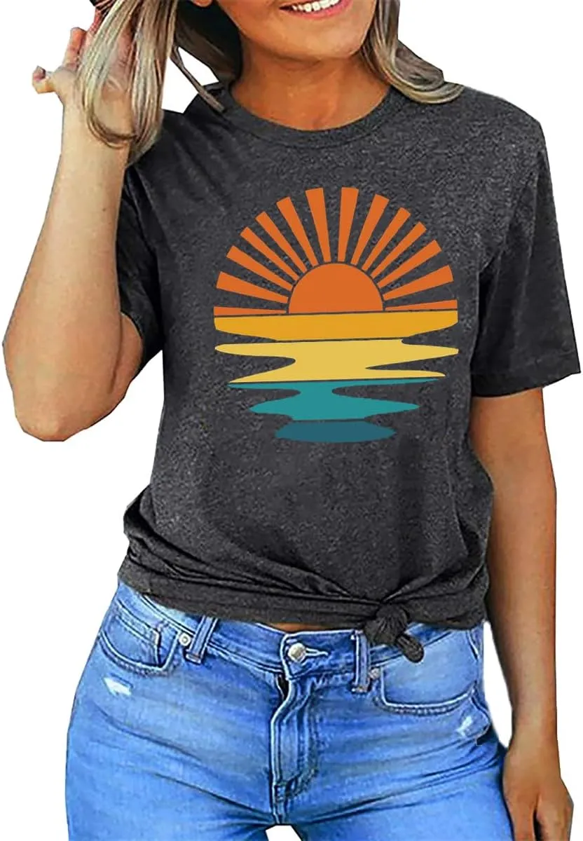 FCHICH Retro Sunset Rays Wavy Shirt Women Summer Beach Vacation T Shirt Casual Short Sleeve Tops Vintage Sunset Graphic Tee