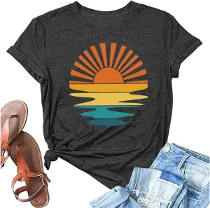 FCHICH Retro Sunset Rays Wavy Shirt Women Summer Beach Vacation T Shirt Casual Short Sleeve Tops Vintage Sunset Graphic Tee