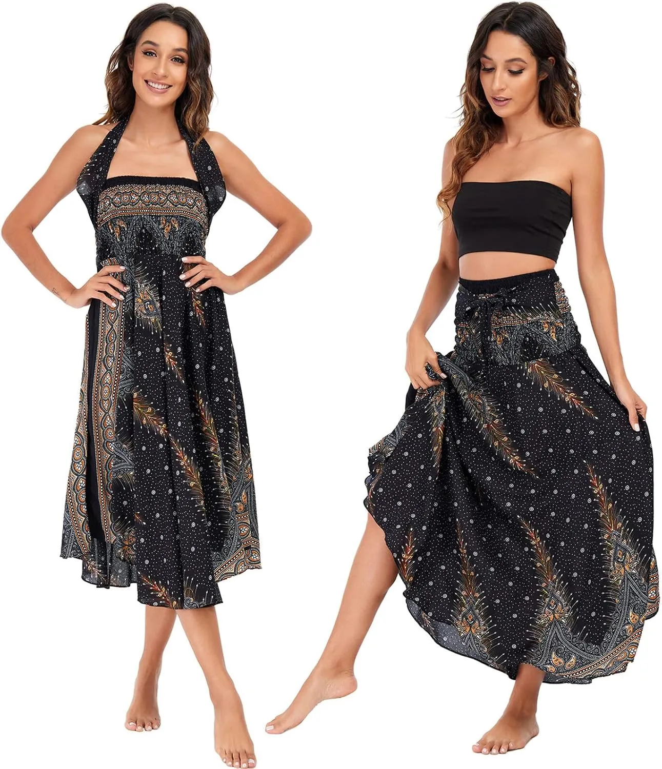 FEOYA Hippie Skirt Boho Skirts for Women Long Gypsy Dress Summer Beach Bohemian Maxi Skirt 2-in-1 Hippy Clothing