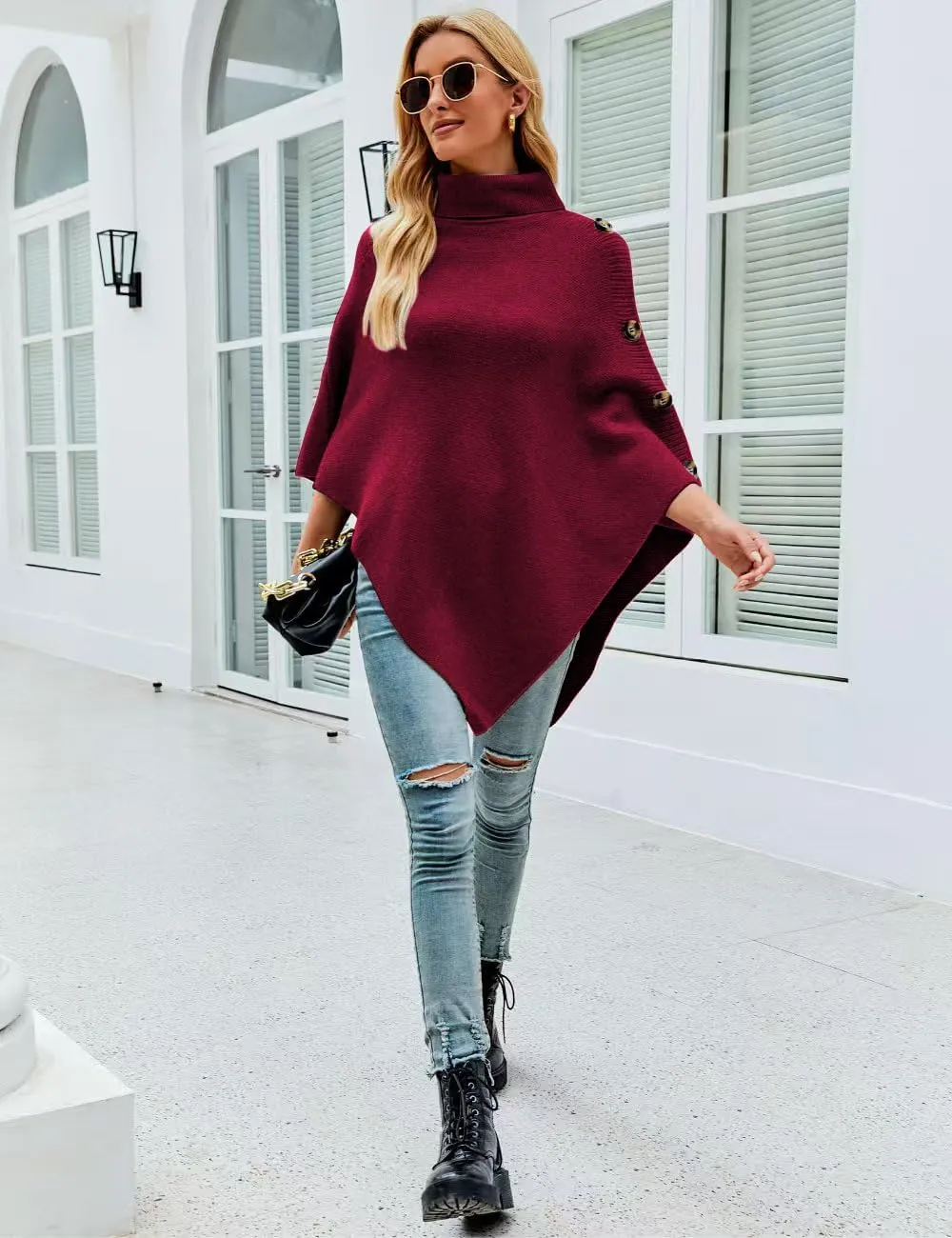 Ferand Women's Turtleneck Button Detail Poncho High Neck Asymmetrical Pullover Sweater for Fall Winter Outfits
