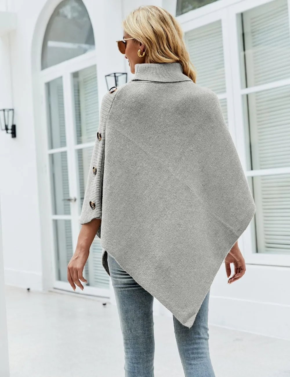 Ferand Women's Turtleneck Button Detail Poncho High Neck Asymmetrical Pullover Sweater for Fall Winter Outfits