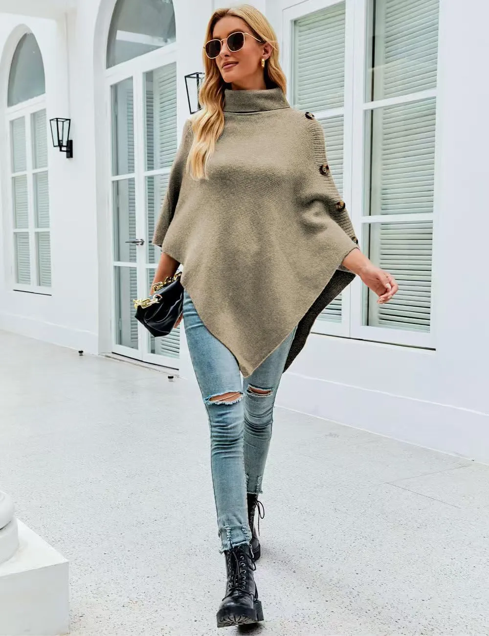Ferand Women's Turtleneck Button Detail Poncho High Neck Asymmetrical Pullover Sweater for Fall Winter Outfits