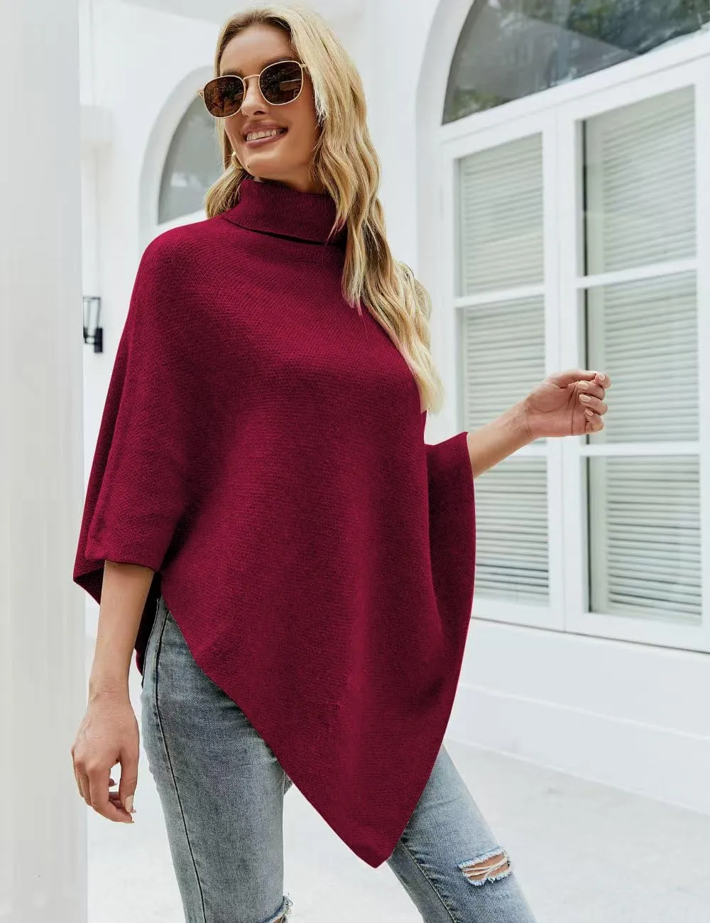 Ferand Women's Turtleneck Button Detail Poncho High Neck Asymmetrical Pullover Sweater for Fall Winter Outfits