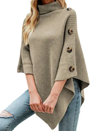 Ferand Women's Turtleneck Button Detail Poncho High Neck Asymmetrical Pullover Sweater for Fall Winter Outfits