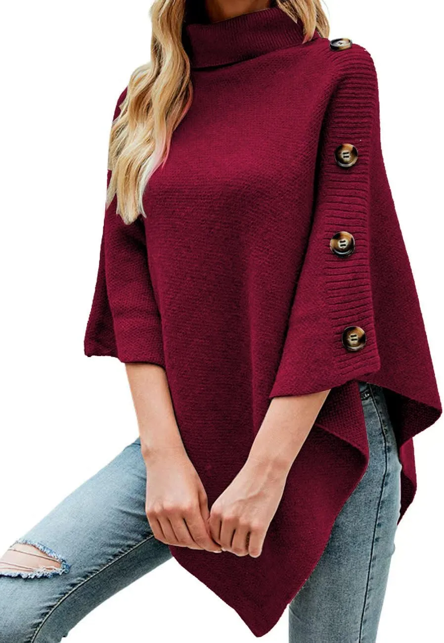 Ferand Women's Turtleneck Button Detail Poncho High Neck Asymmetrical Pullover Sweater for Fall Winter Outfits