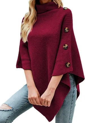 Ferand Women's Turtleneck Button Detail Poncho High Neck Asymmetrical Pullover Sweater for Fall Winter Outfits