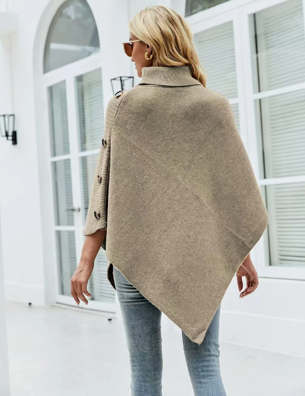 Ferand Women's Turtleneck Button Detail Poncho High Neck Asymmetrical Pullover Sweater for Fall Winter Outfits