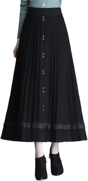 Fjnbbiot Thick Warm Women Pleated Skirts Elastic High Waist Knitted Sweater Skirts Autumn Winter Long A Line Midi Skirt
