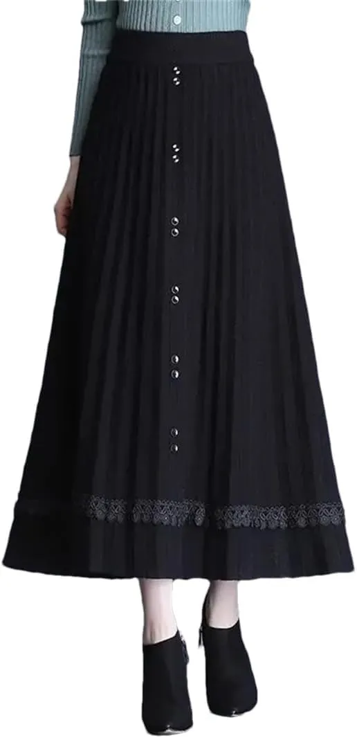 Fjnbbiot Thick Warm Women Pleated Skirts Elastic High Waist Knitted Sweater Skirts Autumn Winter Long A Line Midi Skirt