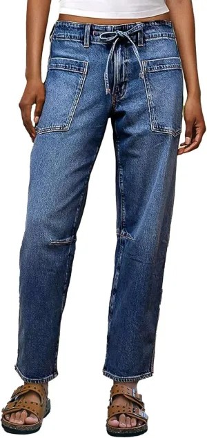 Flamingals Womens Chic Stylish Mid Waist Wash Drawstring Stitch Detail Carrot Jeans