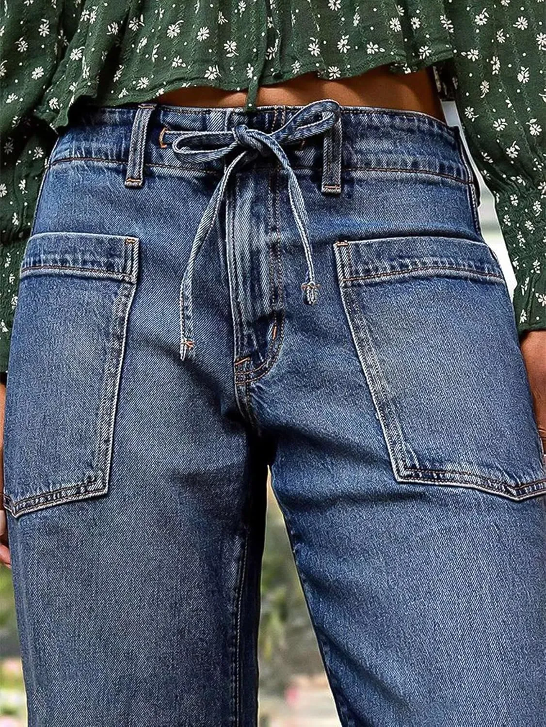 Flamingals Womens Chic Stylish Mid Waist Wash Drawstring Stitch Detail Carrot Jeans