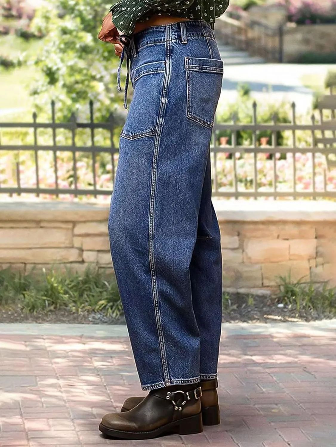 Flamingals Womens Chic Stylish Mid Waist Wash Drawstring Stitch Detail Carrot Jeans