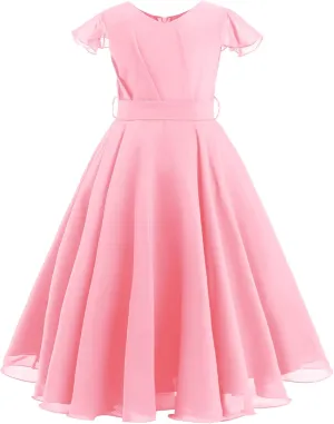 Flower Girl Chiffon A-line Dresses Wedding Junior Bridesmaid Party Princess Pageant Communion Maxi Gowns with Belt