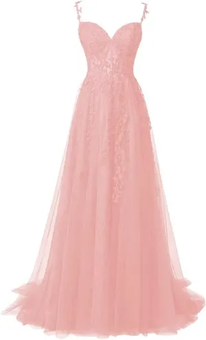 Flower Lace Applique Prom Dress Spaghetti Straps Slit Ball Gown Long Fromal Evening Sweetheart Ball Dress