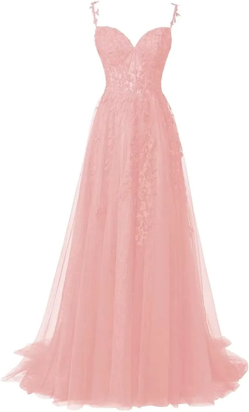 Flower Lace Applique Prom Dress Spaghetti Straps Slit Ball Gown Long Fromal Evening Sweetheart Ball Dress